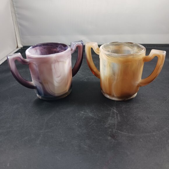 Vintage 2pcs Slag Glass Imperial Brown and Purple Small Toothpick Holders - Picture 1 of 12